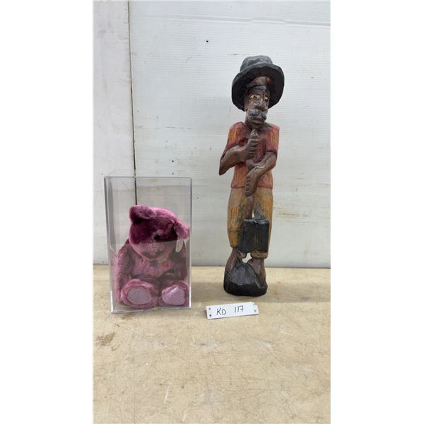 Carved Wood Figure of a Man 22” and Ty Beanie Baby "Millennium" Bear in Display Case