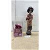 Image 1 : Carved Wood Figure of a Man 22” and Ty Beanie Baby "Millennium" Bear in Display Case