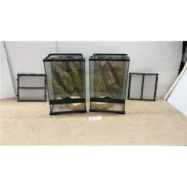 Two Exo Terra Glass Terrariums, with Screen Tops, Two Backgrounds, Two Water Dishes, and Decor