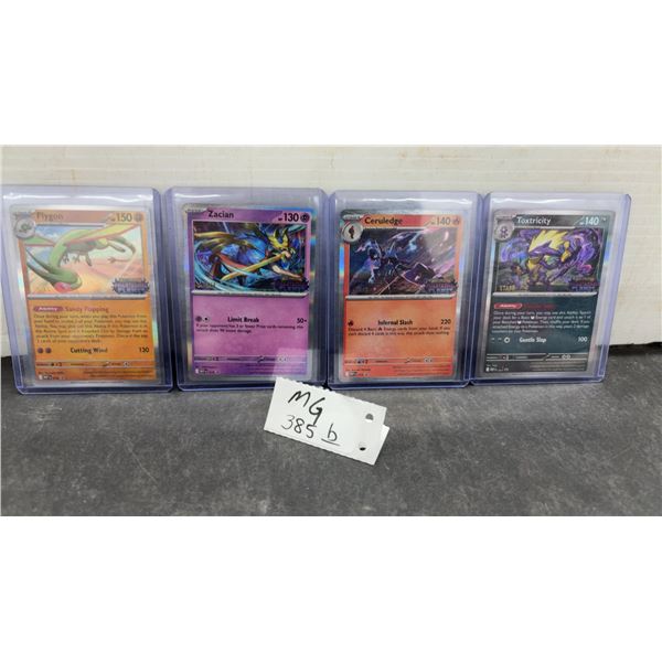 Four Pokémon Staff Promo's Trading Cards: Flygon, Zacian, Ceruledge, and Toxtricity