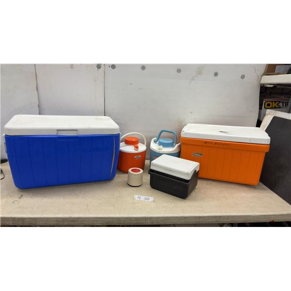 Two Coleman Coolers, 2 Picnic Jugs