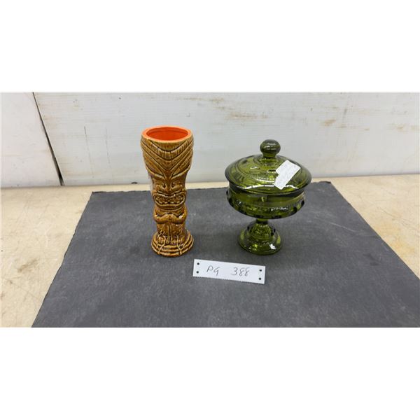 1960s Indiana Glass Green King's Crown Thumbprint Candy Dish and 2010 Tiki Farm Mo Ritz Mug