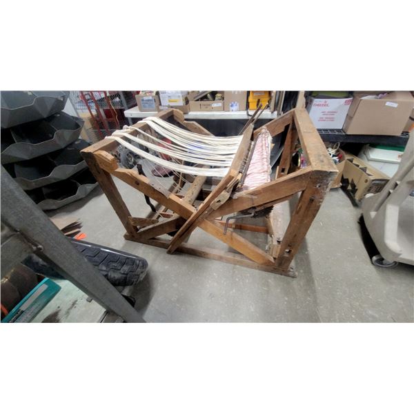 Antique Wooden Floor Loom with Warp Threads and Partially Woven Textile on Beam old primitive