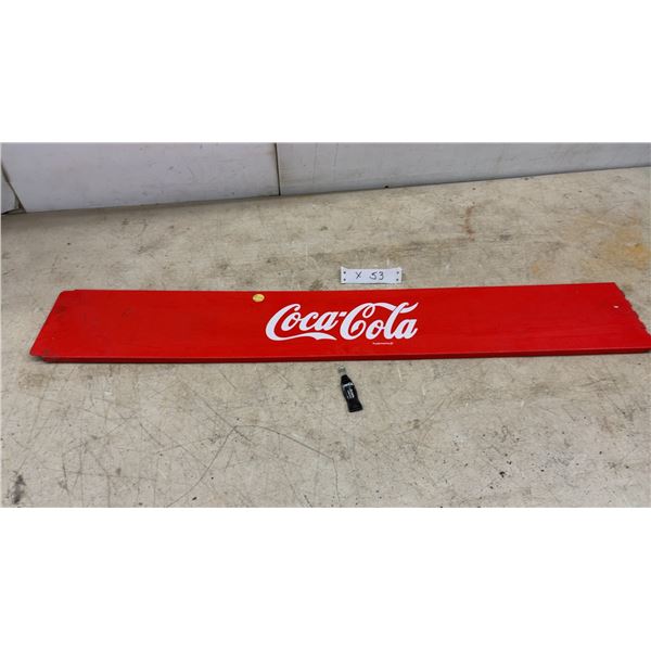 Coca-Cola Red Metal Sign, Hinged, 6 × 38” and Miniature Coca-Cola Bottle
