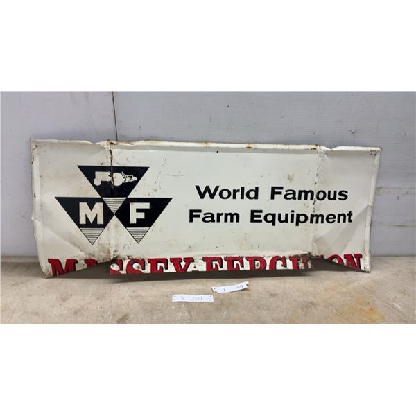 Massey Ferguson "World Famous Farm Equipment" Metal Sign, 16 × 40” Has Some Damage