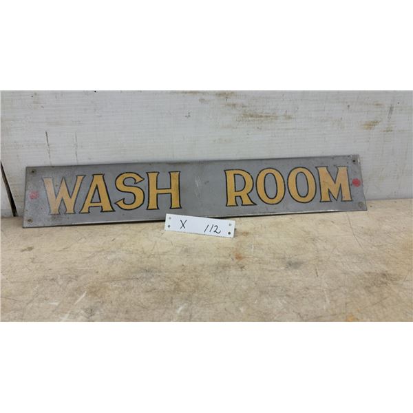 Vintage "Wash Room" Metal Sign with Yellow Block Lettering, 4 × 22 1/2”