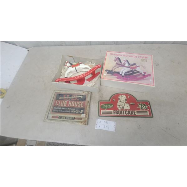 Club House and Fruitcake Signs, and Wooden Rocking Horse Toys