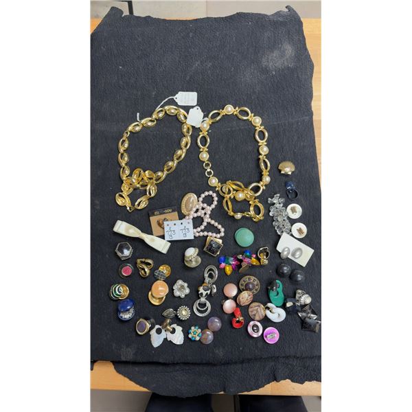 Collection of Vintage Costume Jewelry Including Gold-Tone Necklaces, Faux Pearls, Earrings