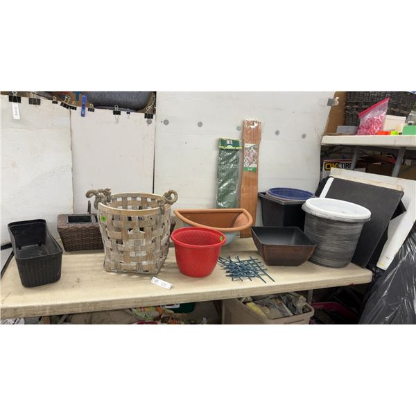 Assorted Planters, Baskets, and Garden Trellises