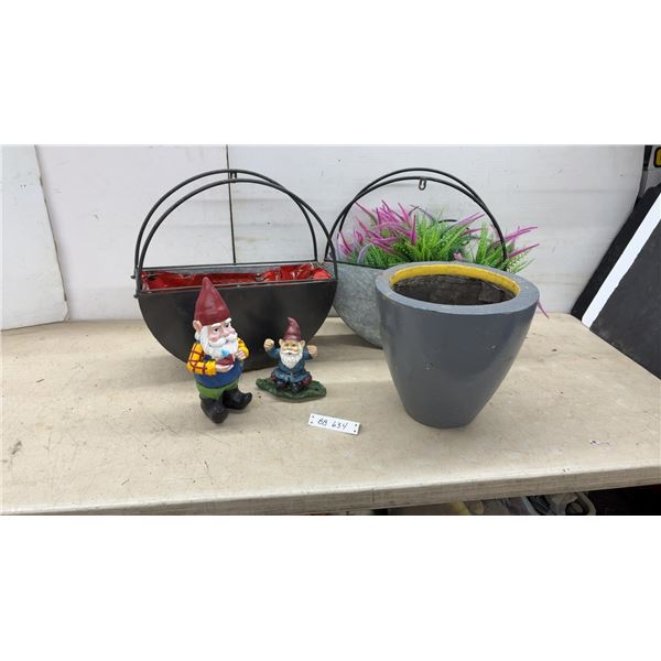 Two Metal Wall Planters, One with Faux Plants, Two Garden Gnomes, and One Gray and Yellow Pot