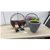 Image 1 : Two Metal Wall Planters, One with Faux Plants, Two Garden Gnomes, and One Gray and Yellow Pot