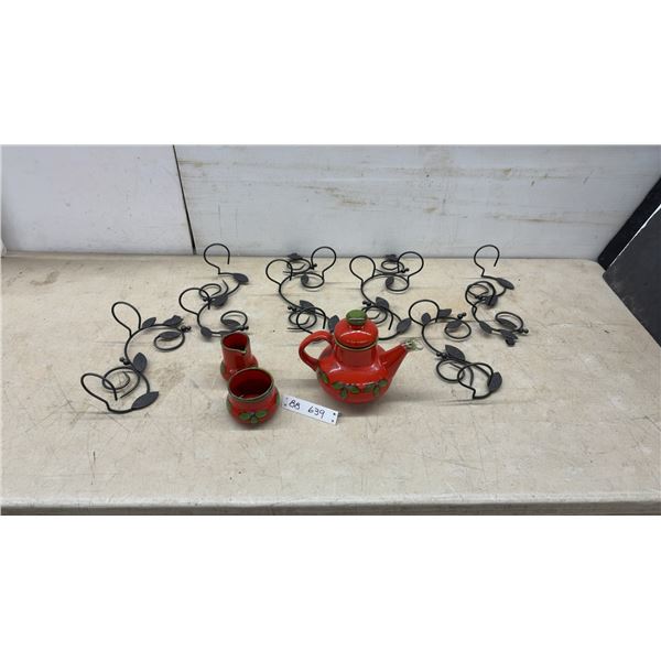 Red Ceramic Teapot, Creamer, and Sugar Bowl with 8 Black Metal Leaf-Motif Wall Candle Holders