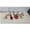 Image 1 : Red Ceramic Teapot, Creamer, and Sugar Bowl with 8 Black Metal Leaf-Motif Wall Candle Holders