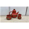 Image 2 : Red Ceramic Teapot, Creamer, and Sugar Bowl with 8 Black Metal Leaf-Motif Wall Candle Holders
