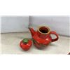 Image 3 : Red Ceramic Teapot, Creamer, and Sugar Bowl with 8 Black Metal Leaf-Motif Wall Candle Holders