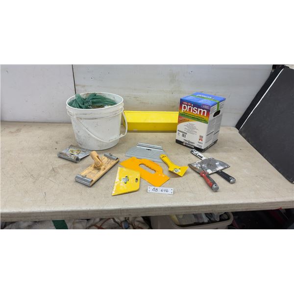 Assorted Drywall and Tiling Tools: 3/4 Box Prism Grout, Trowels and Drywall Compound