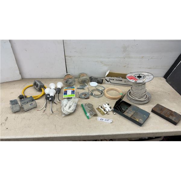 Electrical and Hardware Lot: Leviton GFCI Receptacle, 4 LED Bulbs, Ext. Cord, Metal Boxes, 14/3