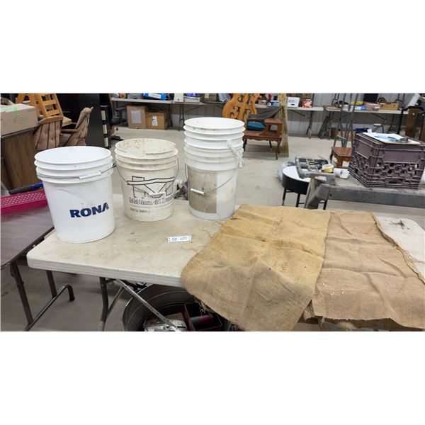 Four 5-Gallon Buckets and 2 Burlap Pieces / Sacks