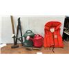 Image 1 : Personal Flotation Device, 2 Watering Cans, Tree Trimmer, Wood Mallet, and Trowel