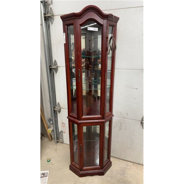 Cherry Finish Corner Curio Cabinet with Glass Shelves and Mirrored Back, Brass-Tone Hardware