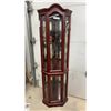 Image 1 : Cherry Finish Corner Curio Cabinet with Glass Shelves and Mirrored Back, Brass-Tone Hardware