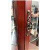 Image 3 : Cherry Finish Corner Curio Cabinet with Glass Shelves and Mirrored Back, Brass-Tone Hardware