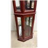 Image 4 : Cherry Finish Corner Curio Cabinet with Glass Shelves and Mirrored Back, Brass-Tone Hardware