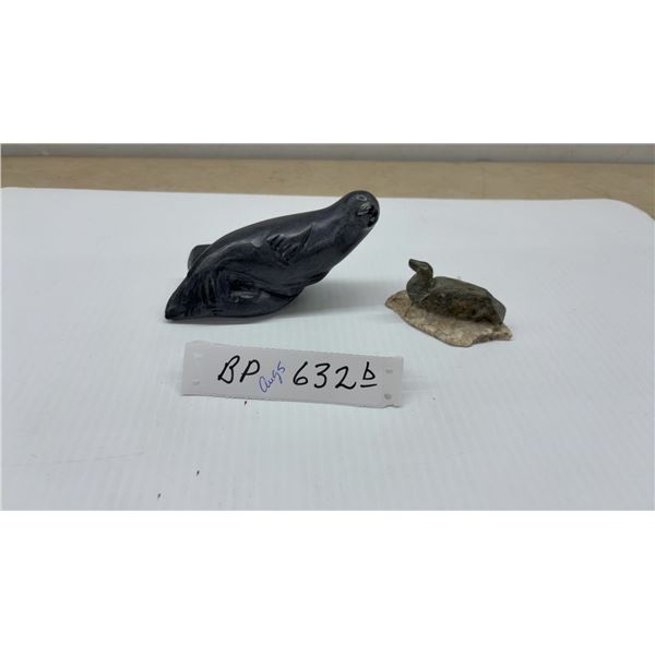 Two Soap Stone Animal Figurines: Sea Sculpture and Duck on Base, Largest 5 1/2 × 2 7/8 × 2 1/4”