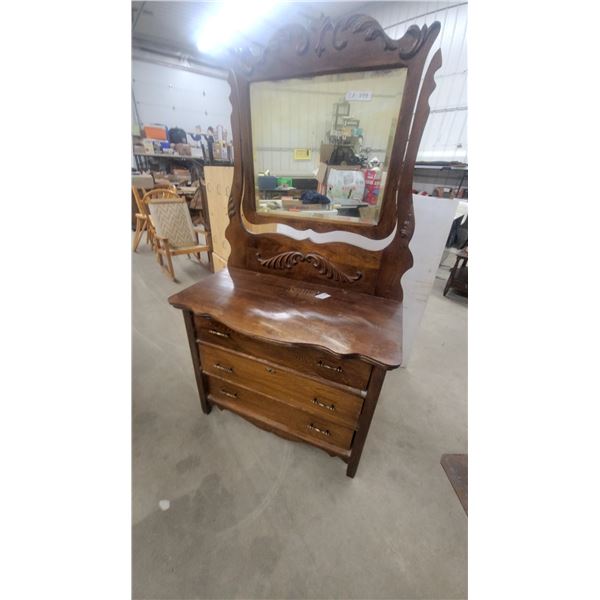 Antique Victorian Carved Oak Three-Drawer Dresser With Ornate Swivel Mirror 69”×38”×20”