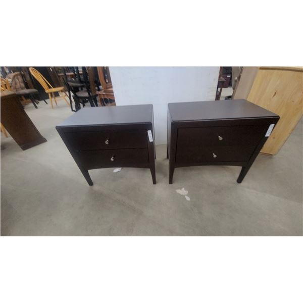 Pair of Dark Brown Two-Door Accent Cabinets with Silver Knobs and Tapered Legs 25”×26”×16”