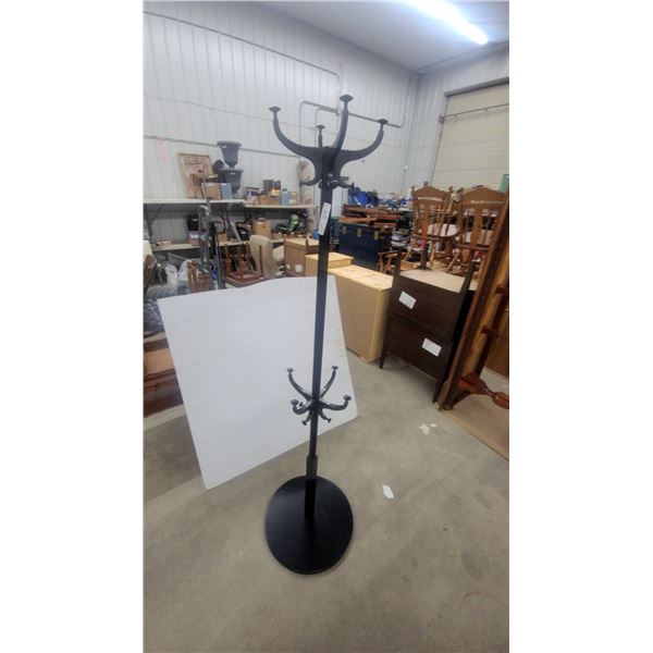 Black Metal Freestanding Coat Rack with Two Tiers of Hooks and Round Base
