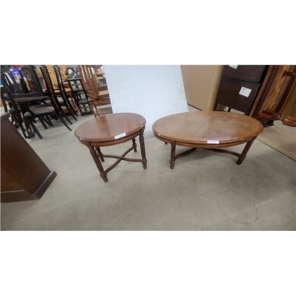 Pair of Round Wooden Accent Tables with Turned Legs and X-Stretcher Base