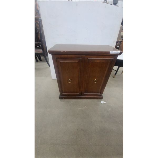 Dark Brown Wooden Two-Door Storage Cabinet with Brass Ring Pulls and Interior Shelf 29”×27”×12”