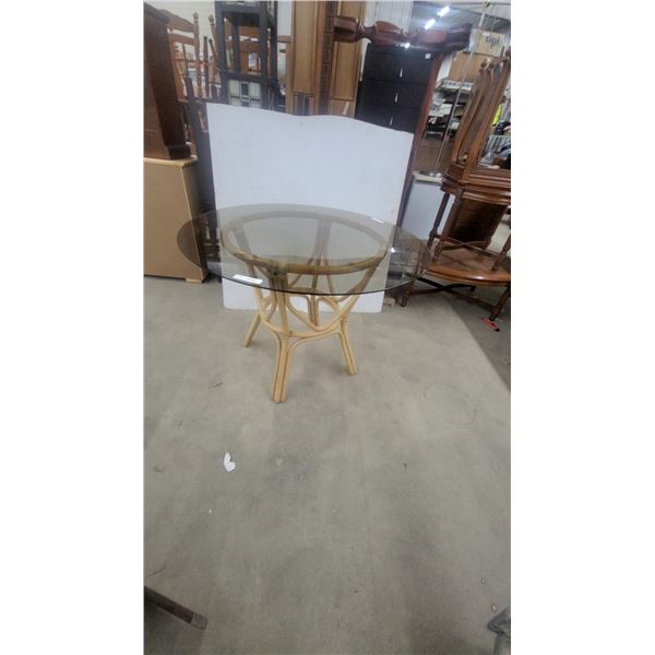 Vintage Mid-Century Modern Round Bentwood Rattan Pedestal Table, Glass Top