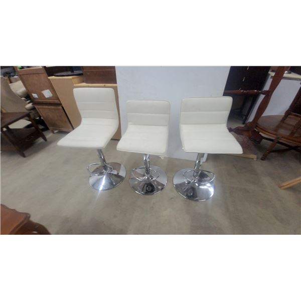 Set of 3 Modern Adjustable-Height Swivel Bar Stools, White Faux Leather with Chrome Bases