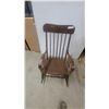 Image 2 : Wooden Spindle-Back Rocking Chair with Curved Armrests and Dark Brown Finish
