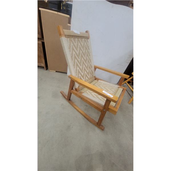 Two-Tone Woven Cord Rocking Chair with Natural Wood Frame and Zigzag Pattern