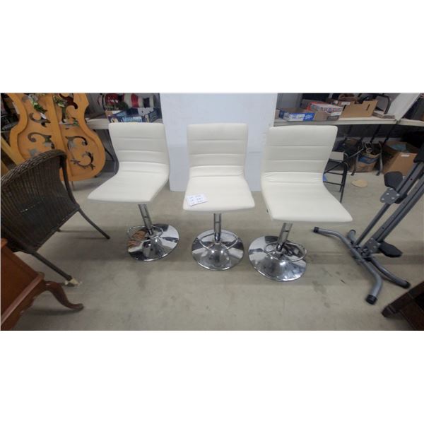 Set of 3 Modern Adjustable-Height Swivel Bar Stools, White Faux Leather, Chrome Pedestal Base