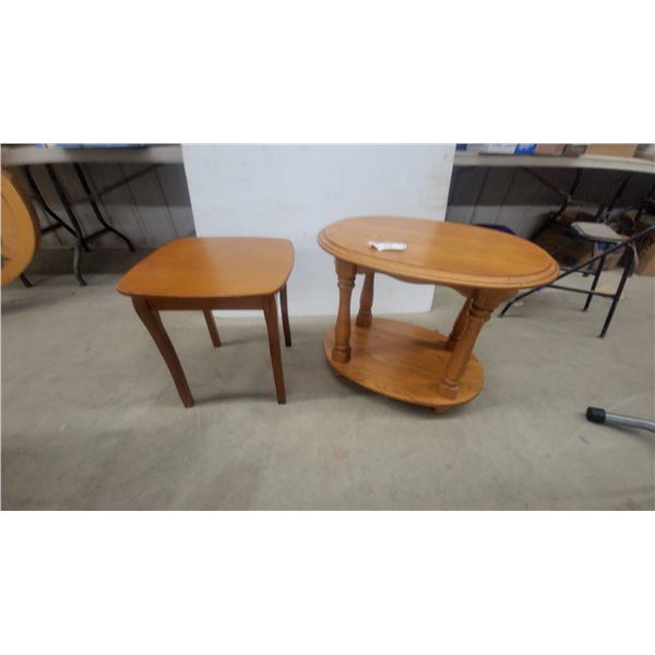 Oak Oval Coffee Table with Lower Shelf and Turned Legs and Wooden Triangular End Table biggest