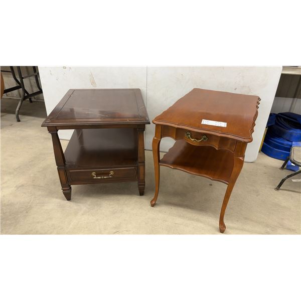 Two End Tables: Dark Wood with Drawer and Scalloped-Edge with Drawer