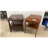 Image 1 : Two End Tables: Dark Wood with Drawer and Scalloped-Edge with Drawer