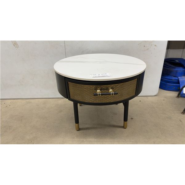 Round Side Table with White Faux Marble Top, Black Base, Gold Mesh Drawer, and Gold Accents