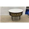 Image 1 : Round Side Table with White Faux Marble Top, Black Base, Gold Mesh Drawer, and Gold Accents
