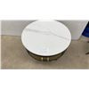 Image 2 : Round Side Table with White Faux Marble Top, Black Base, Gold Mesh Drawer, and Gold Accents