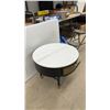 Image 3 : Round Side Table with White Faux Marble Top, Black Base, Gold Mesh Drawer, and Gold Accents