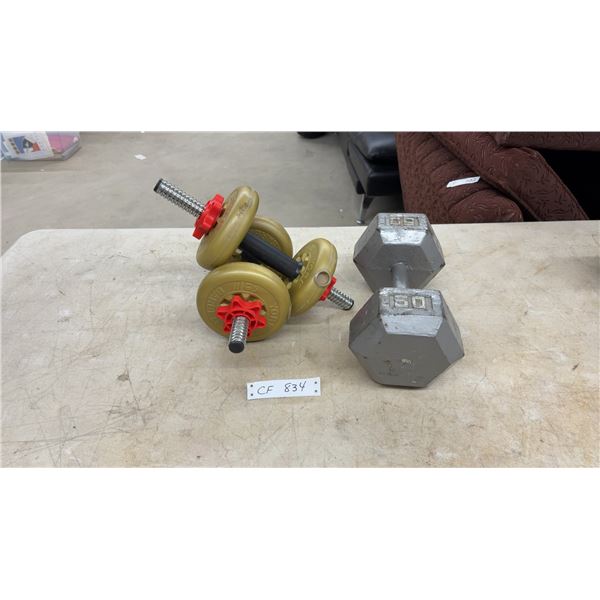 2 Plastic York Dumbbells and 50 Pound Steel Hex Dumbbell