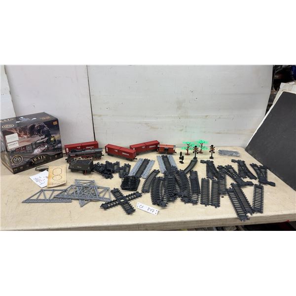Train Set with Locomotive, Freight Cars, Track, Bridges, Signals, Trees