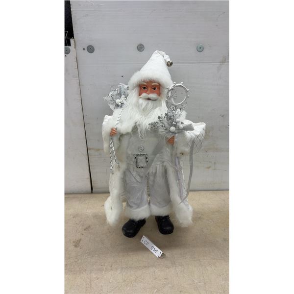 White and Silver Santa Claus Figurine with Staff and Bag, 28” Tall