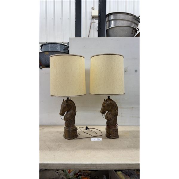 Pair of Carved Wood Horse Head Table Lamps with Shades, 33” high