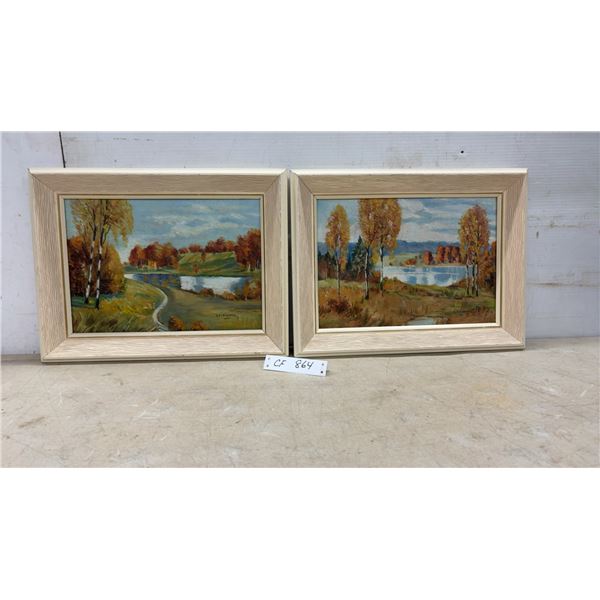 Pair of L.R. DeWandel 1952 Autumn Landscape Oil Paintings, 13 × 17”